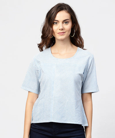 Blue striped short sleeve top with round neck