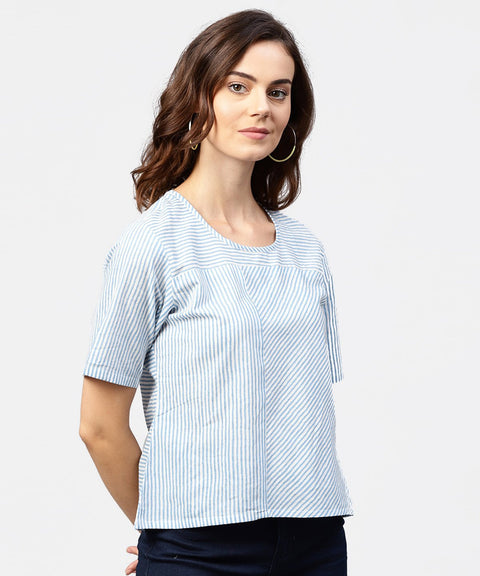 Blue striped short sleeve top with round neck