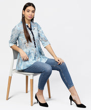 Marble Printed Chinese Collared, Pleated yoke with 3/4th Sleeves Top