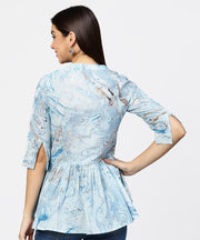 Marble Printed Chinese Collared, Pleated yoke with 3/4th Sleeves Top