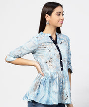 Marble Printed Chinese Collared, Pleated yoke with 3/4th Sleeves Top
