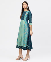 Multi Printed Round Neck Gathered Panels with 3/4th Sleeves Maxi Dress