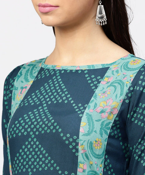 Multi Printed Round Neck Gathered Panels with 3/4th Sleeves Maxi Dress