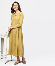 Mustard Printed Round Neck with loop and button in Front, Pleated with 3/4th Sleeves Dress