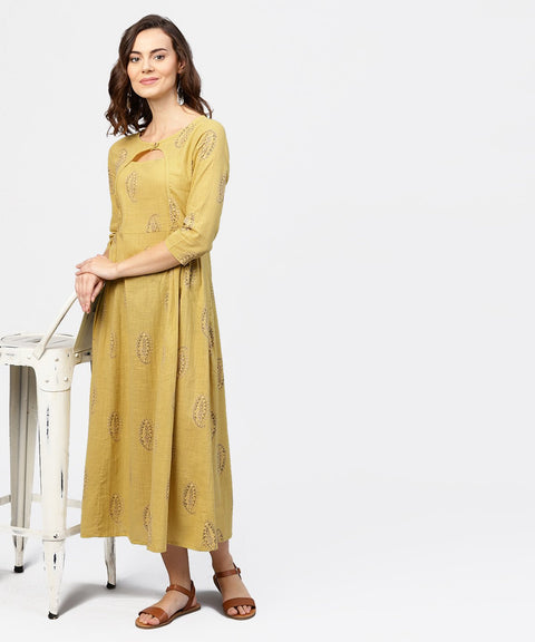 Mustard Printed Round Neck with loop and button in Front, Pleated with 3/4th Sleeves Dress