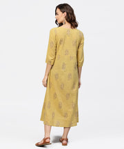 Mustard Printed Round Neck with loop and button in Front, Pleated with 3/4th Sleeves Dress