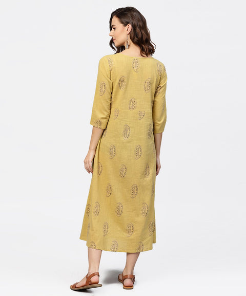 Mustard Printed Round Neck with loop and button in Front, Pleated with 3/4th Sleeves Dress