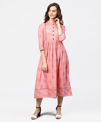 Peach Printed Chinese Collared Front open Placket till yoke with 3/4th Sleeves Maxi Dress