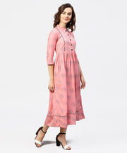 Peach Printed Chinese Collared Front open Placket till yoke with 3/4th Sleeves Maxi Dress