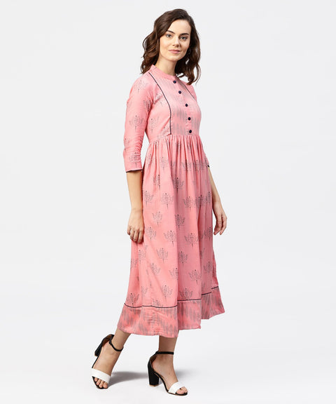 Peach Printed Chinese Collared Front open Placket till yoke with 3/4th Sleeves Maxi Dress