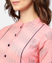 Peach Printed Chinese Collared Front open Placket till yoke with 3/4th Sleeves Maxi Dress
