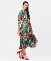 Floral Printed Chinese Collared with attached belt and 3/4th Sleeves Maxi Dress