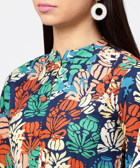 Floral Printed Chinese Collared with attached belt and 3/4th Sleeves Maxi Dress