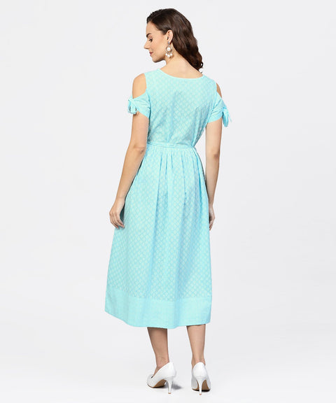 Printed Round Neck with a Draw-string at yoke and knotted short sleeves Maxi Dress