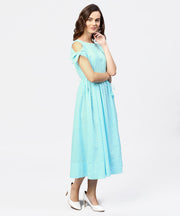 Printed Round Neck with a Draw-string at yoke and knotted short sleeves Maxi Dress