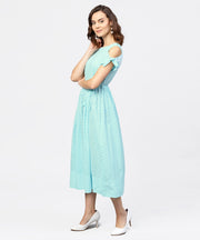 Printed Round Neck with a Draw-string at yoke and knotted short sleeves Maxi Dress