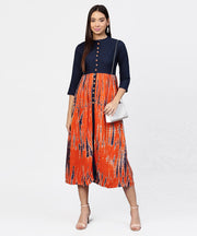 Printed tye-dye chinese collared 3/4th sleeves Maxi Dress