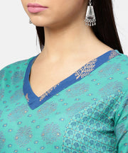 Printed V-neck panelled with patch pockets and 3/4th sleeved Maxi Dress