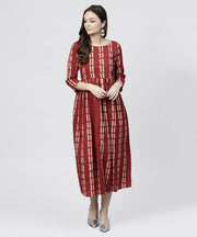 Maroon printed cotton maxi dress with 3/4 sleeve emblished with pearls