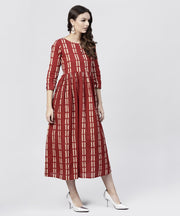 Maroon printed cotton maxi dress with 3/4 sleeve emblished with pearls