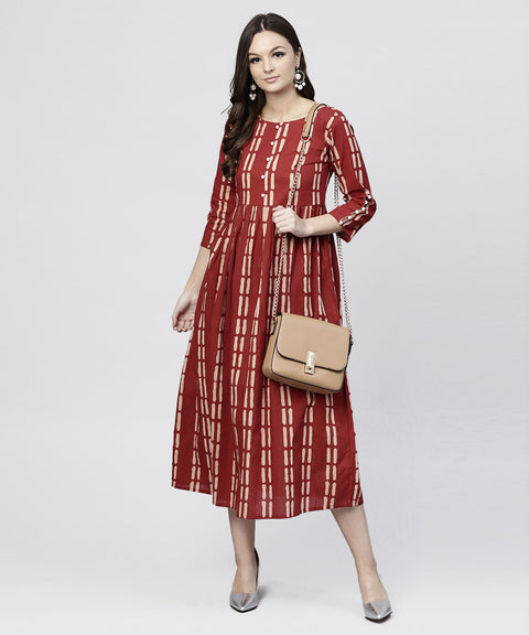 Maroon printed cotton maxi dress with 3/4 sleeve emblished with pearls