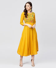 Yellow Round neck Embroidered full sleeves Rayon maxi dress
