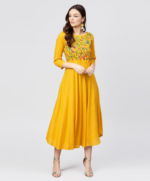 Yellow Round neck Embroidered full sleeves Rayon maxi dress