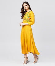 Yellow Round neck Embroidered full sleeves Rayon maxi dress