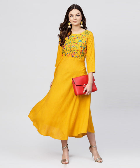 Yellow Round neck Embroidered full sleeves Rayon maxi dress