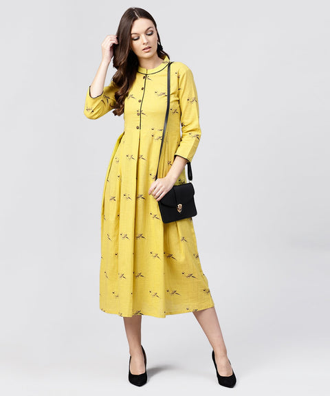 Mustard Full Sleeves Cotton Maxi dress with Madarin collar and front Placket