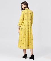 Mustard Full Sleeves Cotton Maxi dress with Madarin collar and front Placket