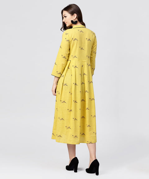 Mustard Full Sleeves Cotton Maxi dress with Madarin collar and front Placket