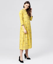 Mustard Full Sleeves Cotton Maxi dress with Madarin collar and front Placket