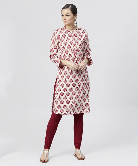 Red Printed cotton Kurta with Madarin Collar and  3/4th Sleeves