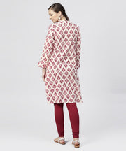 Red Printed cotton Kurta with Madarin Collar and  3/4th Sleeves