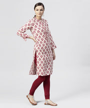 Red Printed cotton Kurta with Madarin Collar and  3/4th Sleeves