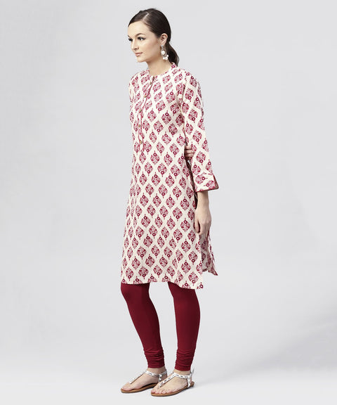 Red Printed cotton Kurta with Madarin Collar and  3/4th Sleeves