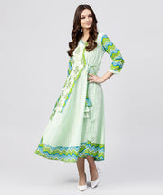 Green Printed Cotton Angrakha style dress with  Madarin collar emblished with tassels