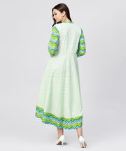 Green Printed Cotton Angrakha style dress with  Madarin collar emblished with tassels