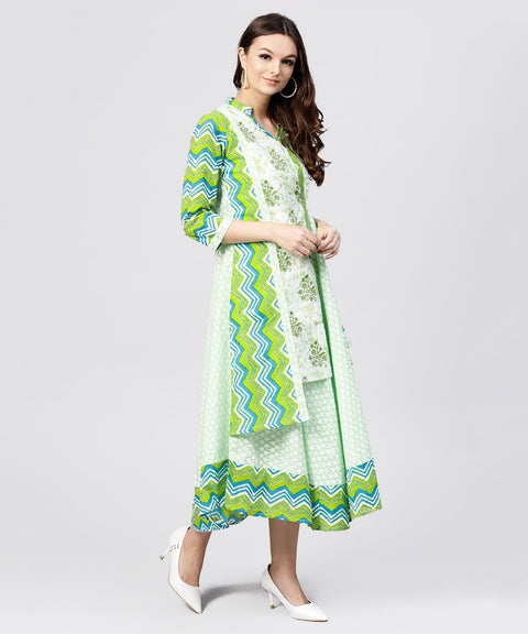 Green Printed Cotton Angrakha style dress with  Madarin collar emblished with tassels