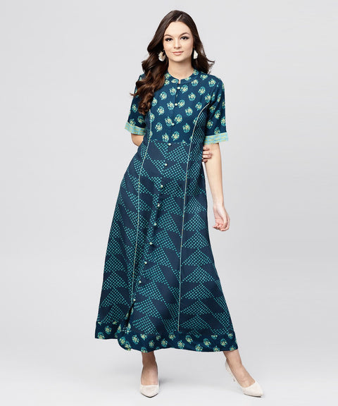 Blue Printed panelled cut A-line kurta with printed yoke and Front placket