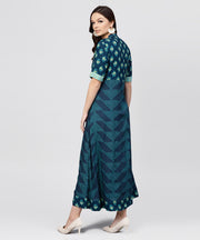 Blue Printed panelled cut A-line kurta with printed yoke and Front placket
