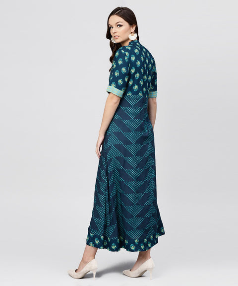 Blue Printed panelled cut A-line kurta with printed yoke and Front placket