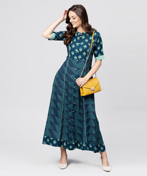 Blue Printed panelled cut A-line kurta with printed yoke and Front placket