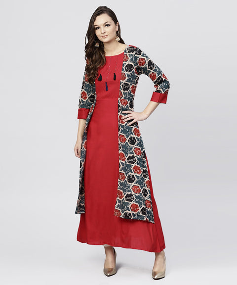 Red cotton Full sleeves kurti with an Attached Jacket and emblished with thread work and tassel