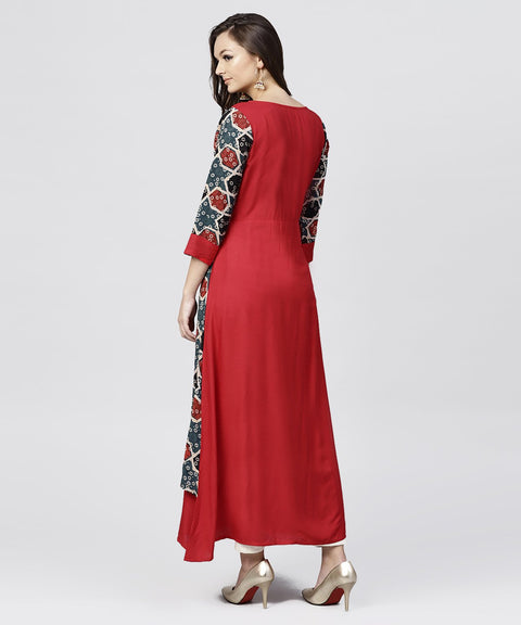 Red cotton Full sleeves kurti with an Attached Jacket and emblished with thread work and tassel