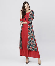 Red cotton Full sleeves kurti with an Attached Jacket and emblished with thread work and tassel