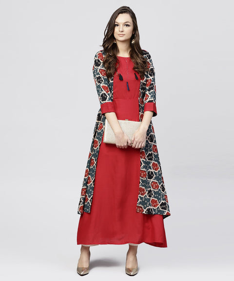 Red cotton Full sleeves kurti with an Attached Jacket and emblished with thread work and tassel