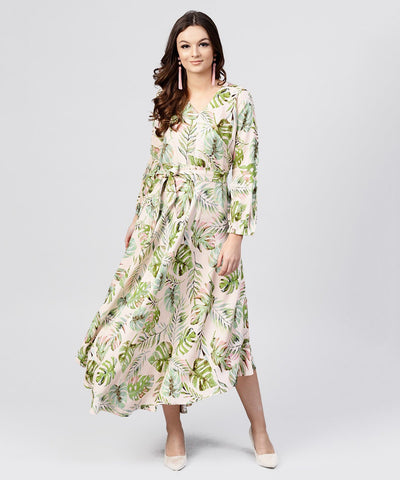 Baby pink Rayon printed V-neck Asyemmetric maxi dress with 3/4 sleeves