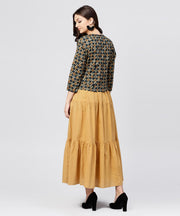 Mustard Cotton Tiered Maxi dress with Full Sleeves short jacket emblished with Tassel